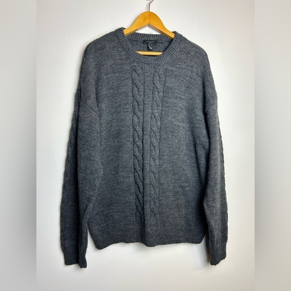 New Look‎ Pullover Sweater Men L Wool Blend Cable Knit Gray Preppy Academia chic